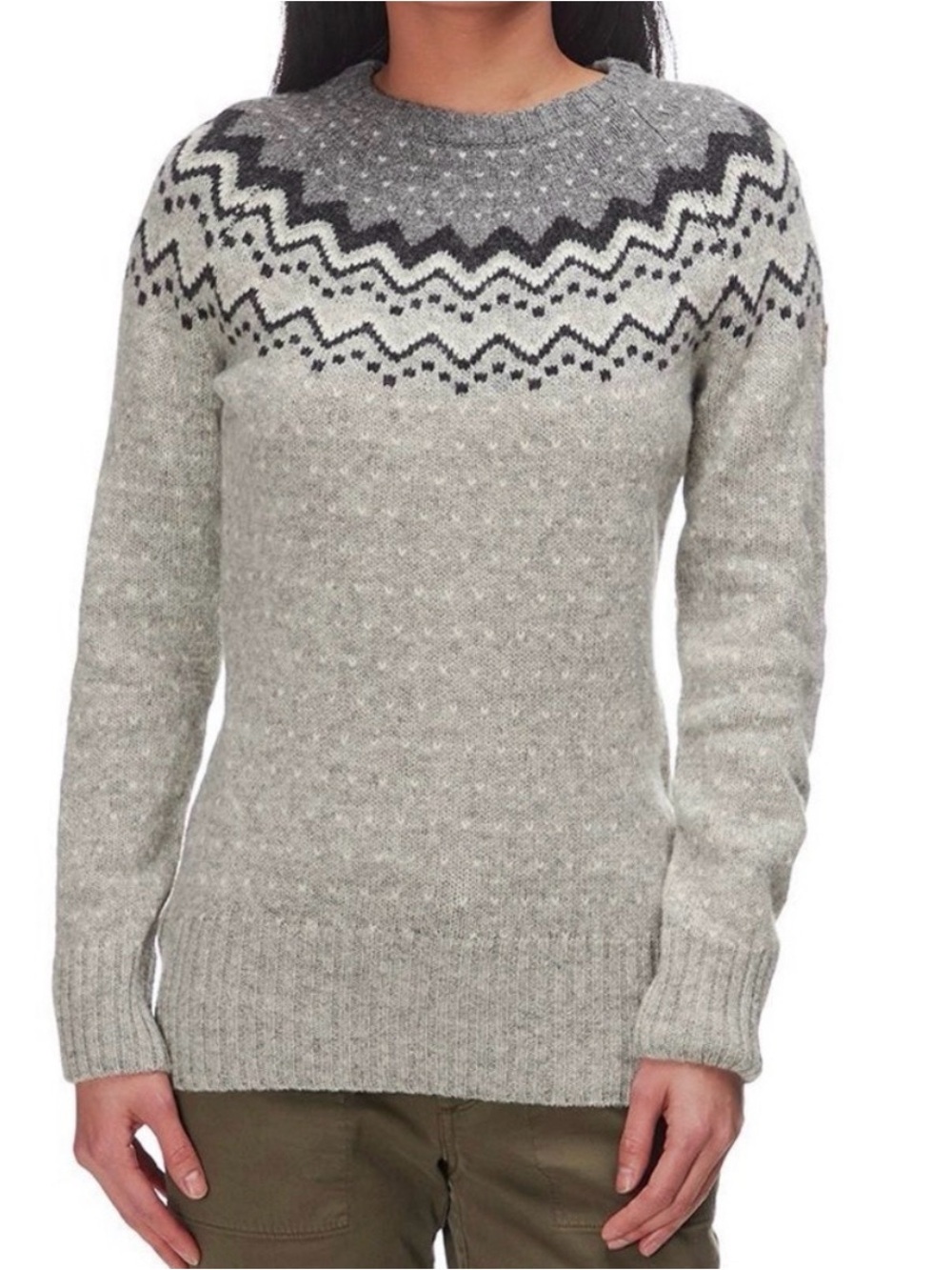 Fjallraven Ovik Fair Isle Nordic Knit Wool Sweater, Gray, Women’s XL